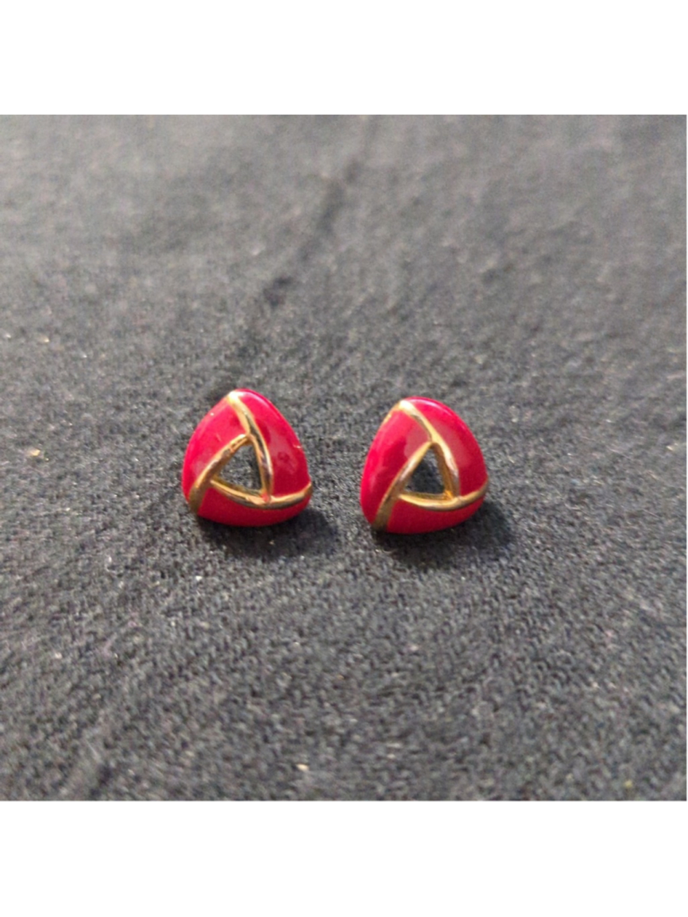 Vintage Gold Tone Red Enamel Triangle Stud Statement Earrings